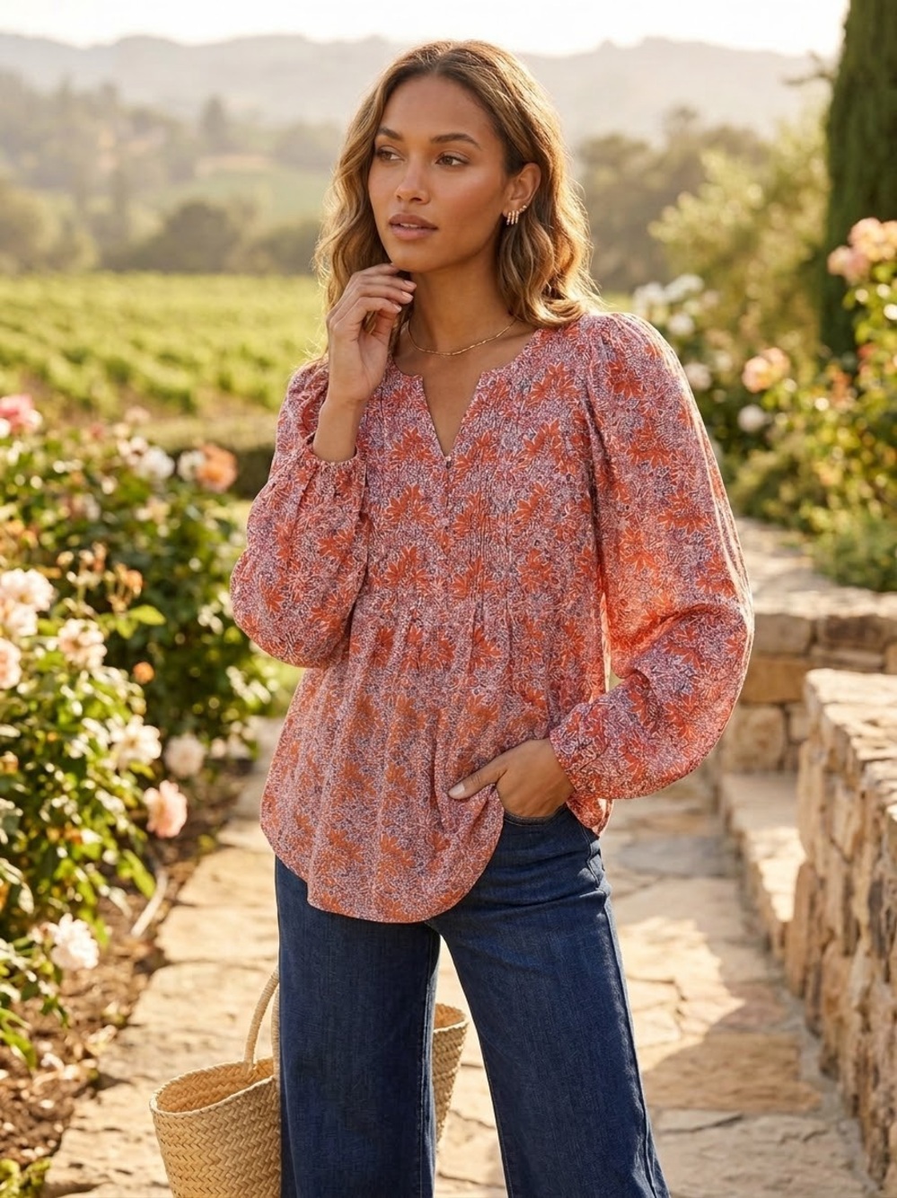 Solitaire Floral V-Neck Balloon Sleeve Peasant Tunic